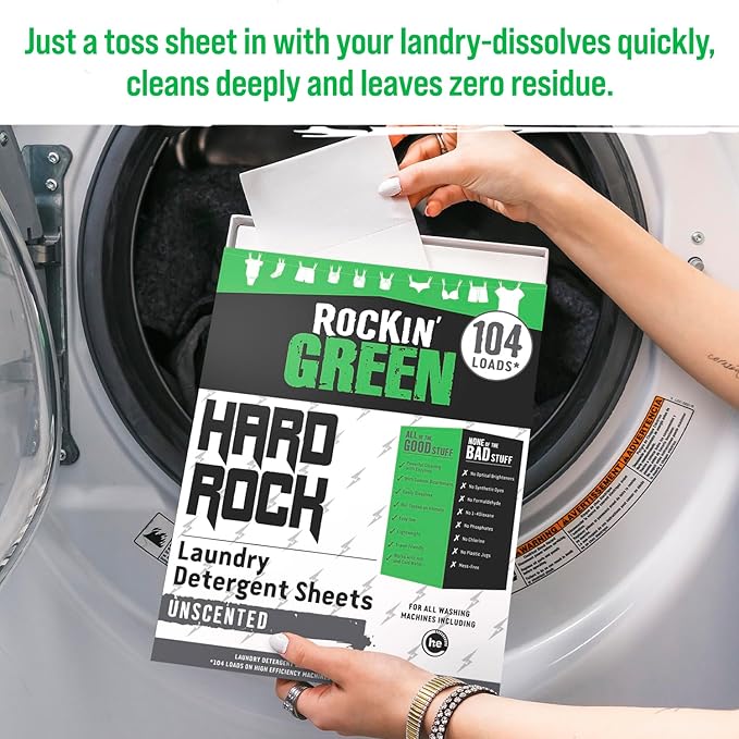 Rockin' Green Hard Rock Travel Laundry Detergent Sheets for Hard Water - Mess-Free Laundry Sheet Detergent with Sodium Bicarbonate - Easily Dissolvable Laundry Soap Sheets (104 Loads, Unscented)