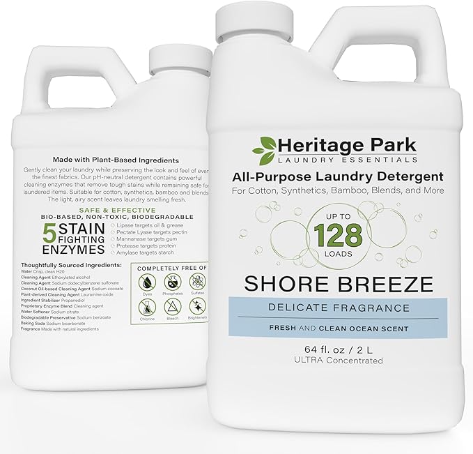 Heritage Park Luxury Laundry Detergent | Dermatologist Tested Plant based Natural & Enzyme Laundry Detergent | Sensitive Skin Friendly - Shore Breeze (64 fl oz)