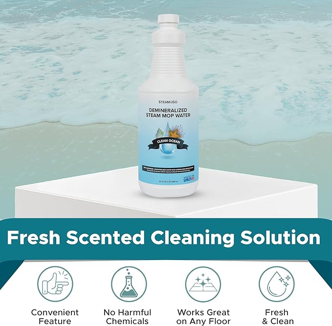 Steam & Go Demineralized Water - Multisurface Cleaner, PVC-Free Ready-to-Use for Mops & Floor Steamers - Ideal for Kitchen, Bathroom, & Home Surfaces - Clean Ocean Scent - 32oz (Pack of 18)