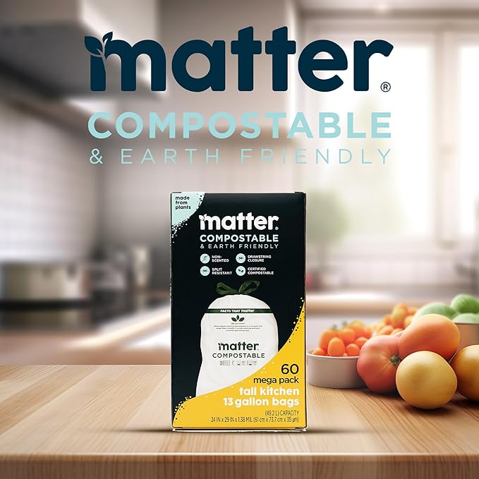 Matter Compostable 13 Gallon Tall Kitchen Trash Bags with Drawstring, Eco-Friendly, Unscented, Durable, Leak-Resistant, 60 Count