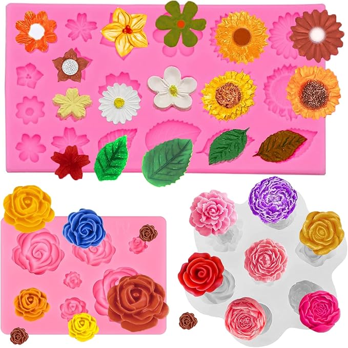 3 Pcs Flower Silicone Molds for Fondant, Chocolate, and Candy, 3D Rose Sunflower Daisy and Leaf Shapes for Cake Decorating, Sugarcraft, Soap, Candle, Jewelry Casting, and DIY Crafting