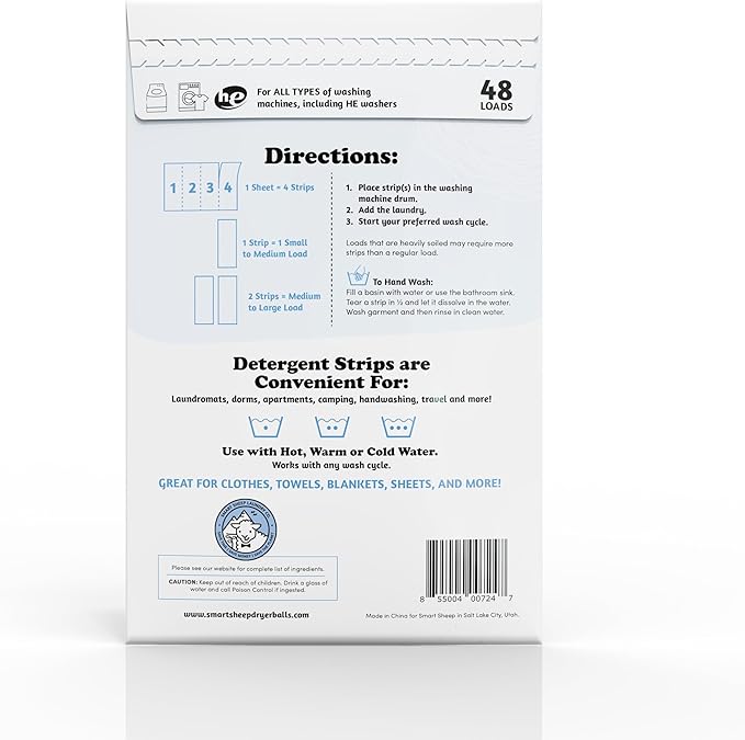 Smart Sheep - Laundry Strips - Laundry Detergent Strips - Detergent Strips for Sensitive Skin - Convenient Eco Friendly & Plastic Free - Perfect for Travel & Camping (48 Count (Pack of 1), Unscented)