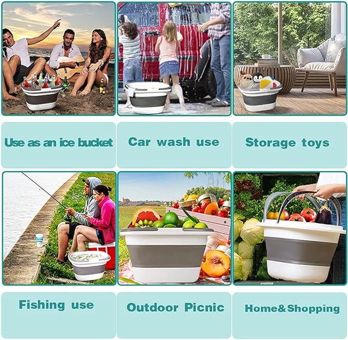 4.2 Gal(16L) Large Collapsible Plastic Bucket with Handle for House Cleaning, Space Saving Outdoor Multiuse Foldable Water Pail/Sink for Camping,Fishing,Ice(Grey)