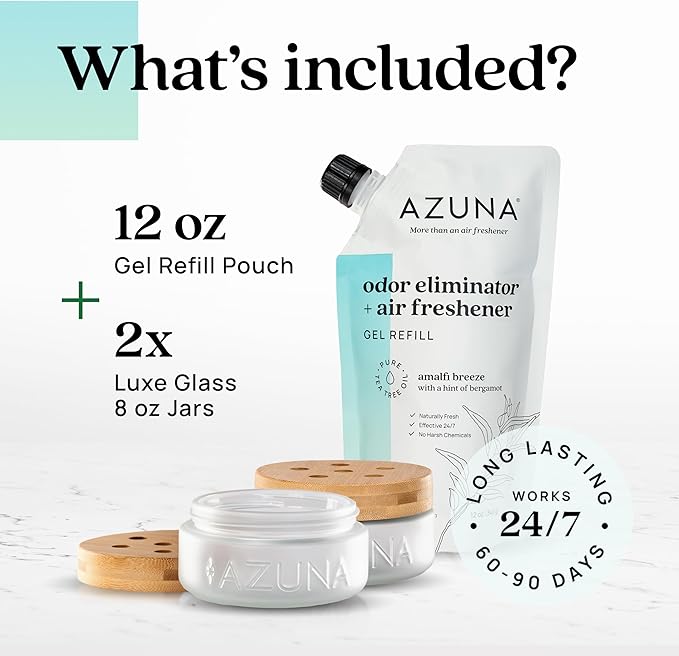 Azuna Air Freshener & Odor Eliminator for Strong Odor | 2 Room Kit Includes (2) 8 oz. Empty Luxe Glass Jars & 12 oz | Refill with Tea Tree Essential Oil Gel | Amalfi Breeze | Last 60-90 Days