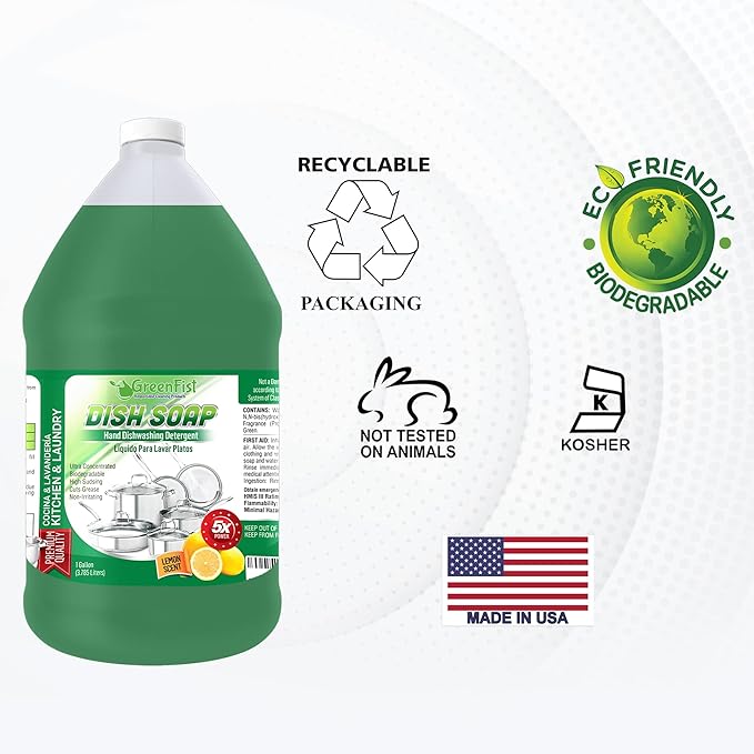 GreenFist Dish Soap Professional Detergent Liquid Pot & Pan Dish-Wash - Light or Heavy Use (Green Dish Soap 1 Gallon)