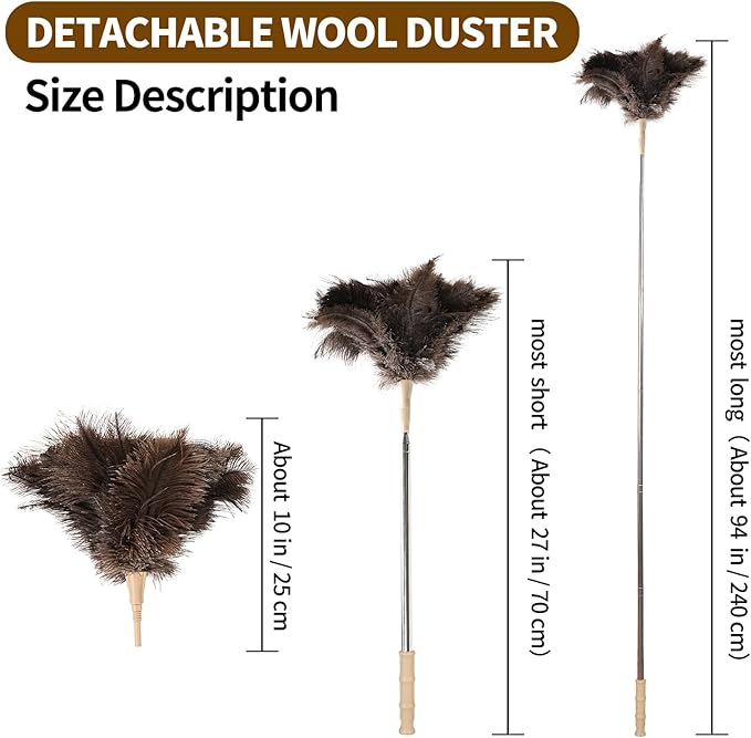 Extendable Cleaning Duster 94 Inch - Long Telescoping Ostrich Feather Dusters with Stainless Steel Extension Pole for High Ceiling Fan, High Ceilings,Roof Dusting
