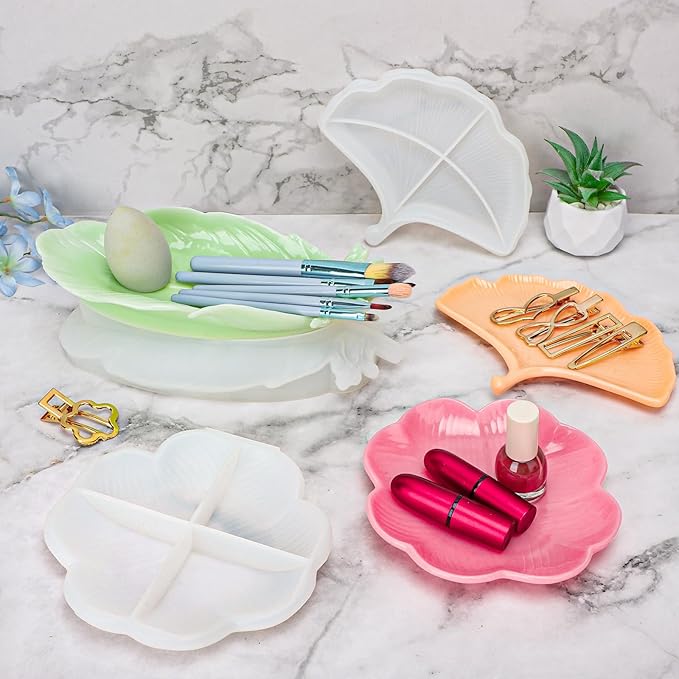 Gartful 3 Pieces Tray Resin Molds, Silicone Jewelry Dish Molds, Storage Container Epoxy Resin Casting Molds for Jewelry Ring Holders, Soap Dish, Candle Holder, 3 Large Tray(Feather&Flower&Ginkgo leaf)