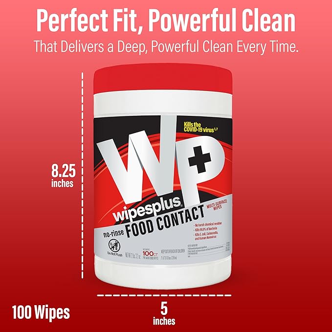 WIPESPLUS No-Rinse Food Contact Wipes Canister Multi-Surface Wipes, Unscented for Home and Business, 1200 Count, (12 Packs of 100)