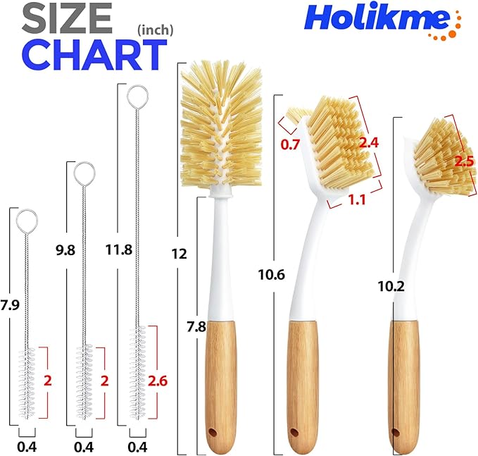 Holikme 6 Pack Dish Brush Set with Bottle Brush, Dish Scrub Brush, Pan Brush and 3 Straw Brushes, Deep Cleaning Handle Brush with Scraper Tip for Kitchen Sink Dishes Bottle Cup Pot and Pans (Yellow)