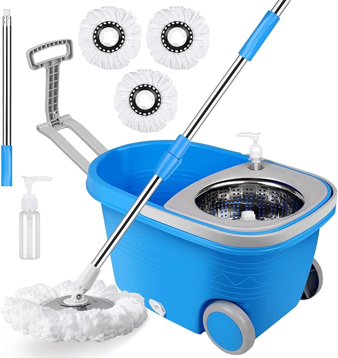 Spin Mop and Bucket with Wringer Set on Wheels, 360° Spinning Mop Bucket System with 3 Microfiber Mop Replacement Heads and 61" Stainless Steel Adjustable Handle for Floor Cleaning (25QT)