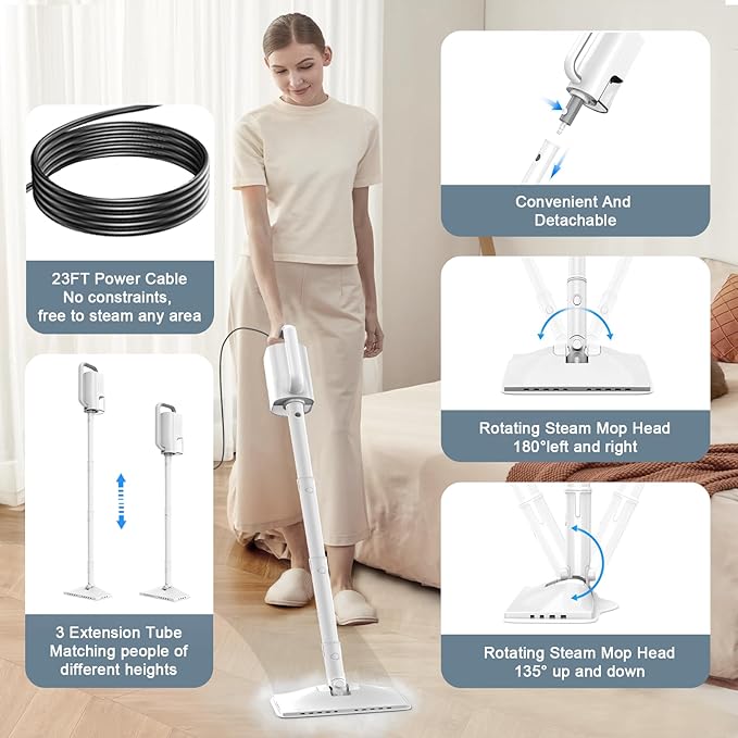 Steam Cleaner, 6 in1 Rotated Steam Mop Cleaner with 2 Modes, 2 Microfiber Pads, 400ML Removable Tank, 23FT Power Cable, Detachable Steam Mops for Floor, Laminate Floor, Tiles Cleaning (White)