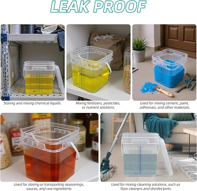 ASEVAT 4Pack Clear Bucket Graduated Pail Container with Lid, Square Food Grade Buckets, Cleaning Containers Plastic Pails Extra Durable Handles with Grip for Easy Carrying