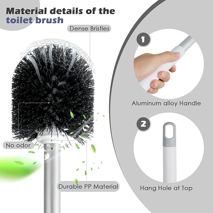 Toilet Brush and Holder Set, 1 Toilet Bowl Brush and 1 Scrub Brush, with Detachable Extra Long Handle,Durable Nylon Bristles,Toilet Scrubber Brush for Bathroom RV Cleaning