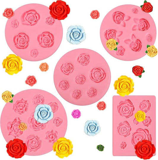 5 Pcs Rose Silicone Molds, Mini Flower Cake Decoration Fondant Mold, Kitchen Baking Supplies, Suitable for Cupcake Toppers Flower Paste Dough Keychain Resin Decoration Clay Modeling