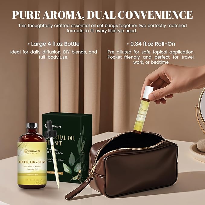 Helichrysum Essential Oil (4 fl.oz Bottle + 0.34 fl.oz Roll-On) — Helichrysum Oils for Aromatherapy, Diffusers, Humidifiers, Home fragrances, DIY Skincare, Candle, Soap Making, Relaxation, Yoga