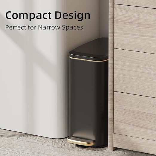 KUK Slim Bathroom Trash Can with Lid, 1.6 Gal / 6L Stainless Steel Small Garbage Bin with Detachable Inner Bucket, Step Pedal, Silent Close, Wastebasket for Toilet, Bedroom, Home, Office (Black)