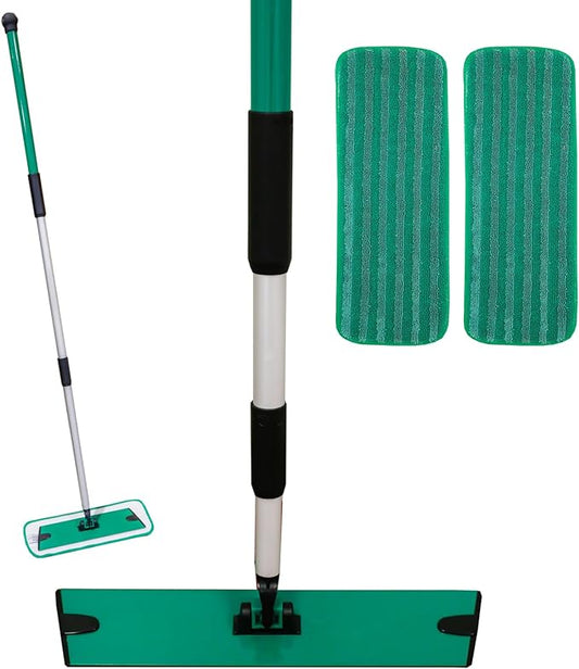 Don Aslett's 12" Mop with 2 Reusable Microfiber Pads | Bathroom or Kitchen | 360° Rotating Head | Machine Washable | Extending Pole