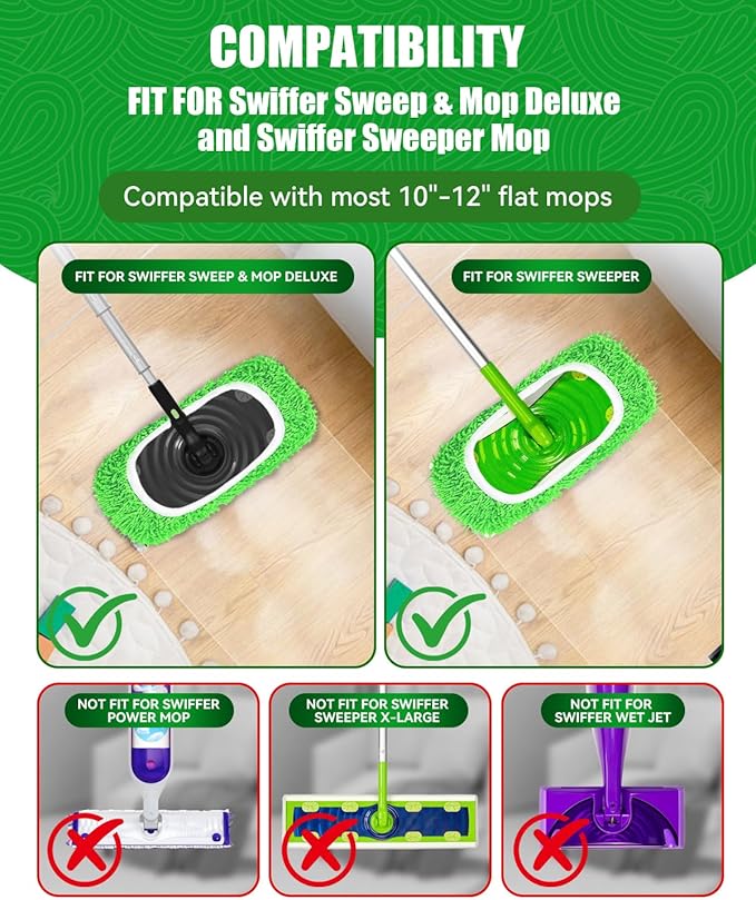 Reusable Microfiber Mop Pads Compatible with Swiffer Sweep & Mop Deluxe and Swiffer Sweeper, Dry Sweeping Cloths & Wet Mopping Cloths, Washable Wet Pads Refill for Hardwood Floor Cleaning, 2 Pack