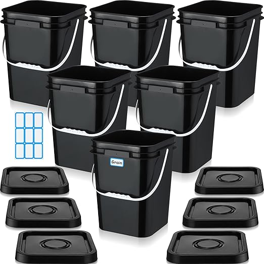 Vesici 6 Pcs 5 Gallon Food Grade Square Buckets with Lids 5 Gal Plastic Food Storage Square Bucket Heavy Duty Industrial Pail Container with DIY Label Stickers Handles for Water Painting(Black)