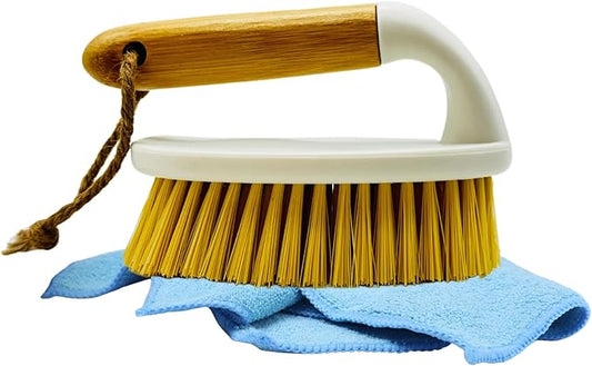 Laundry Brush with Eco-Friendly Bamboo Handle by Foxtail Collective Bundle with Microfiber Cloth Stain Remover Towel & 10 Cleaning Hacks, Multipurpose Stain Remover Cleaning Scrub Brush for Clothes