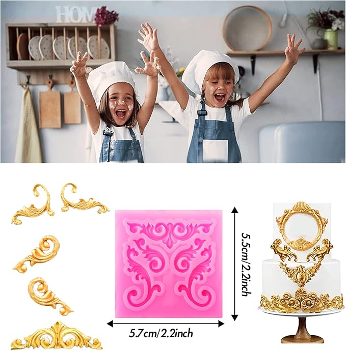 Baroque Style Silicone Molds, Curlicues Scroll Lace Fondant Molds, Vintage Relief Flower Mould Filigree 3D Clay Mold for Gummy Sugar Cookie Pastry Chocolate Mold for Clay Cupcake Topper Decor(6Pcs)