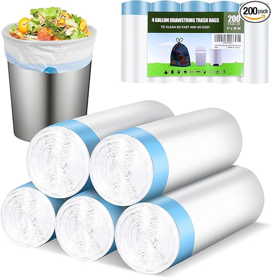 Small Trash Bags 200 Counts - 4 Gallon Trash Bags Drawstring, Small Garbage Bags for Bathroom, Office and Bedroom, White 4 Gal Trash Can Liners