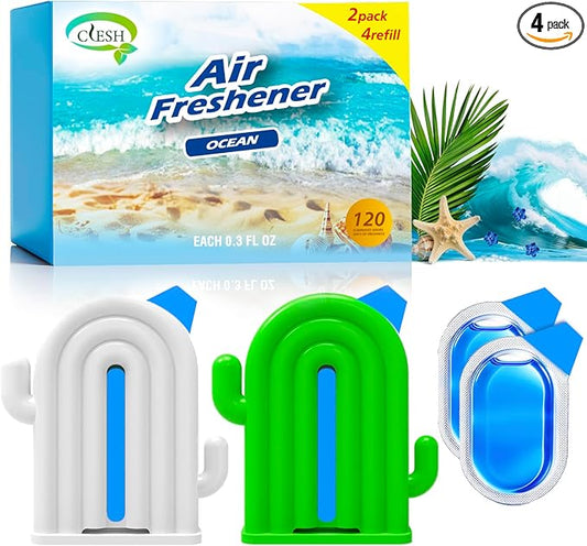 Air Freshener for Home, 2 Pack, 2 Refill, Ocean Scent, Odor Eliminator, Up to 120 Days, Cactus-shaped Freshener for Closet Bathroom, Cute Home Decor, White and Green
