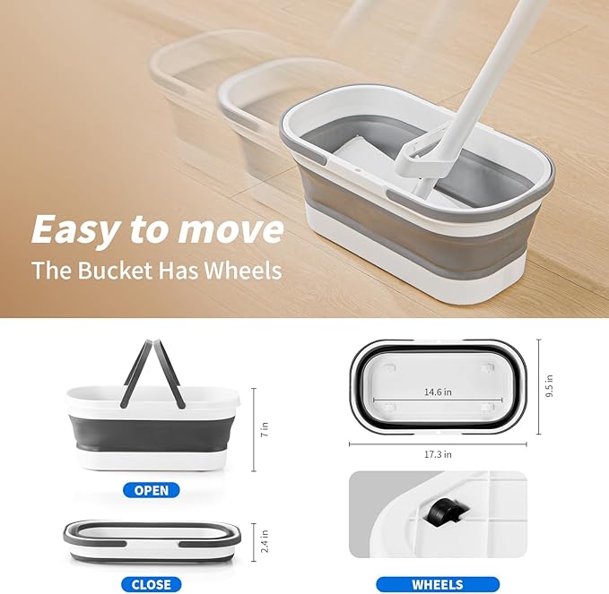Oshang Flat Mop and Collapsible Bucket OG7 with Wheels, 2 Washable Reusable Microfiber Pads, Pure White