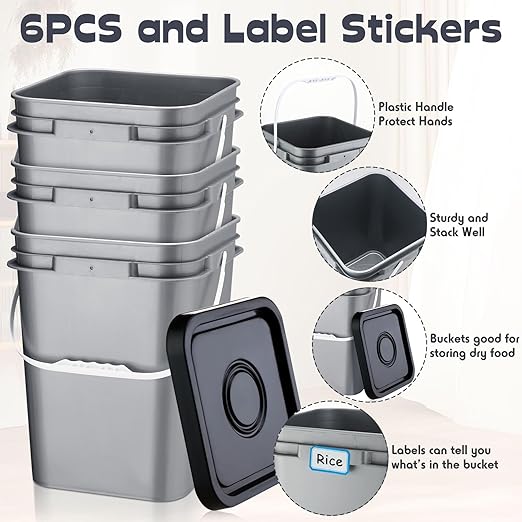 Vesici 6 Pcs 5 Gallon Food Grade Square Buckets with Lids 5 Gal Plastic Food Storage Square Bucket Heavy Duty Industrial Pail Container with DIY Label Stickers Handles for Water Painting(Gray)