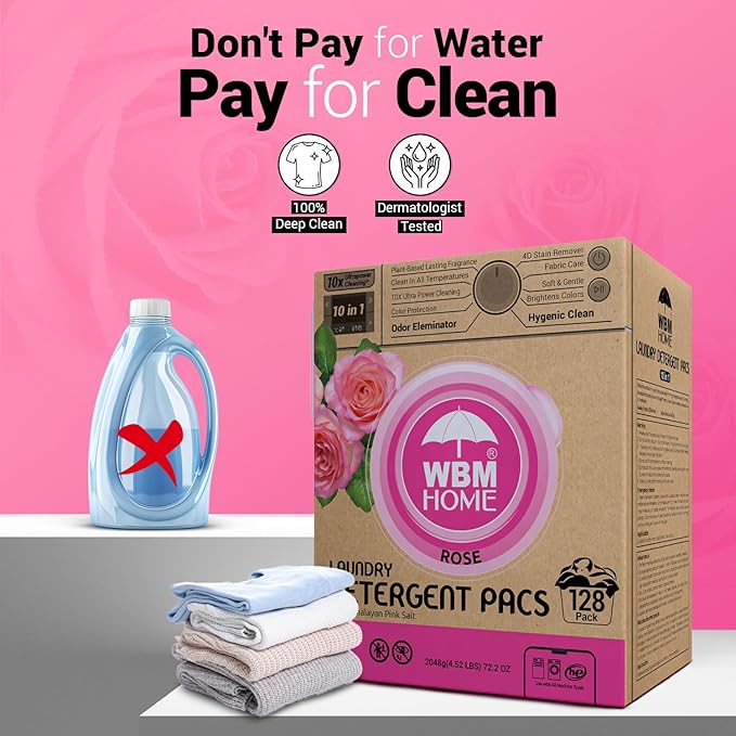 WBM 10-in-1 Laundry Pods, Total 128 Count, High Efficiency, Ultra Concentrate with Powerful Stain Lifter Technology, Fabric Softener With Rose Extracts, Detergent Pods