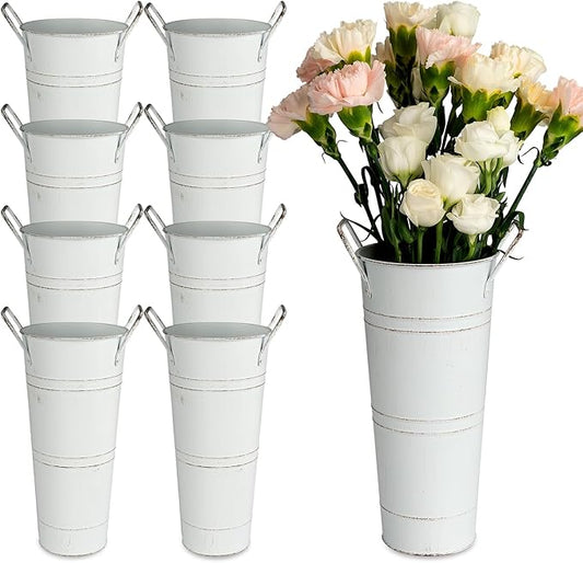 9 Inch Galvanized Metal Vases for Flowers - 8 Pcs Farmhouse Decorative Tall Flower Bucket with Handles, Rustic French Tin Planter Buckets for Table Weddings Home Decor (White, 8 Pcs 9inch)