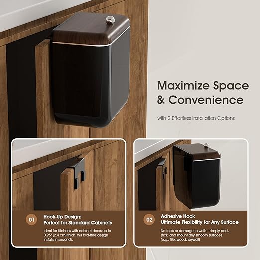 Vintage Kitchen Trash Can with Lid, Large 3.2 Gallon/12 Liter Capacity, Hanging Compost Bin, for Under Sink or Cupboard, Bathroom, Bedroom, Black