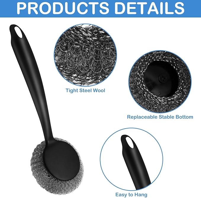 Scrubber with Handle Comes with Three Replacement Balls Steel Wool, Short Handle Scrubber, Steel Wool Scrubber Supplies Dish Scrubber, Stainless Steel Scrubber Tool Metal Scrubber for Dishes