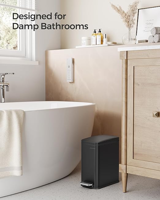 SONGMICS Bathroom Trash Can, 1.3 Gallon (5 L) Small Trash Bin with Lid, Slim for Small Spaces, Stainless Steel Garbage Can, Soft Close, Black ULTB560B05