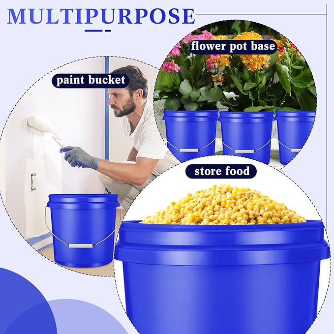 6 Pack 2 Gallon Plastic Bucket with Lid Heavy Duty Pail with Metal Handle Reusable Small Multipurpose Paint Buckets Container for Food Storage(Dark Blue)