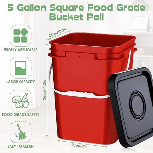 Vesici 6 Pcs 5 Gallon Food Grade Square Buckets with Lids 5 Gal Plastic Food Storage Square Bucket Heavy Duty Industrial Pail Container with DIY Label Stickers Handles for Water Painting(Multicolored)