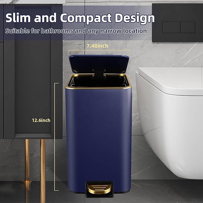 Small Bathroom Trash Can with Lid Soft Close, 1.8 Gallon Stainless Steel Garbage Can with Removable Inner Bucket,Wicker Storage Baskets,75Count Trash Bags, Slim Step Pedal Trash Bins