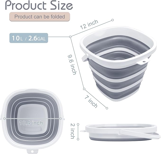 Collapsible Bucket, 2.6 Gallon (10L) - Square Foldable Mop Bucket for House Cleaning, Car Washing, Camping - Portable Water Pail for Outdoor, RV, Travel (Grey)