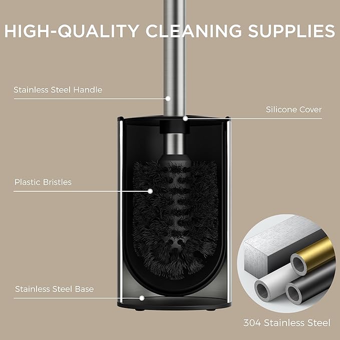 FORIOUS Toilet Brush and Holder Set, 304 Stainless Steel Heavy Duty Base and Handle for Bathroom Deep Cleaning, Toilet Bowl Cleaners Brush with Holder, Space Saving for Storage, Stainless Steel