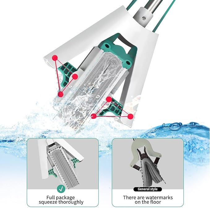 Sponge Mop with Telescope Handle for Kitchen Bathroom Garage Floor Cleaning, Automatic Wringing for Tile Marble Wood Floors, 1 Extra Sponge Head