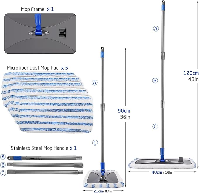Masthome Extra Large Microfiber Mop for Floor Cleaning, 16“ Flat Mop with 5 Pad for Wet & Dry Use, Dust Mop for Hardwood Laminate Tile Ceramic, 1 Cleaning Scraper Included-Blue