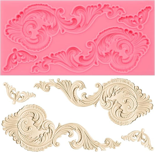 Baroque Scroll Silicone Fondant Mold, Vintage Decorative Pattern for Cake Decorating, Pink