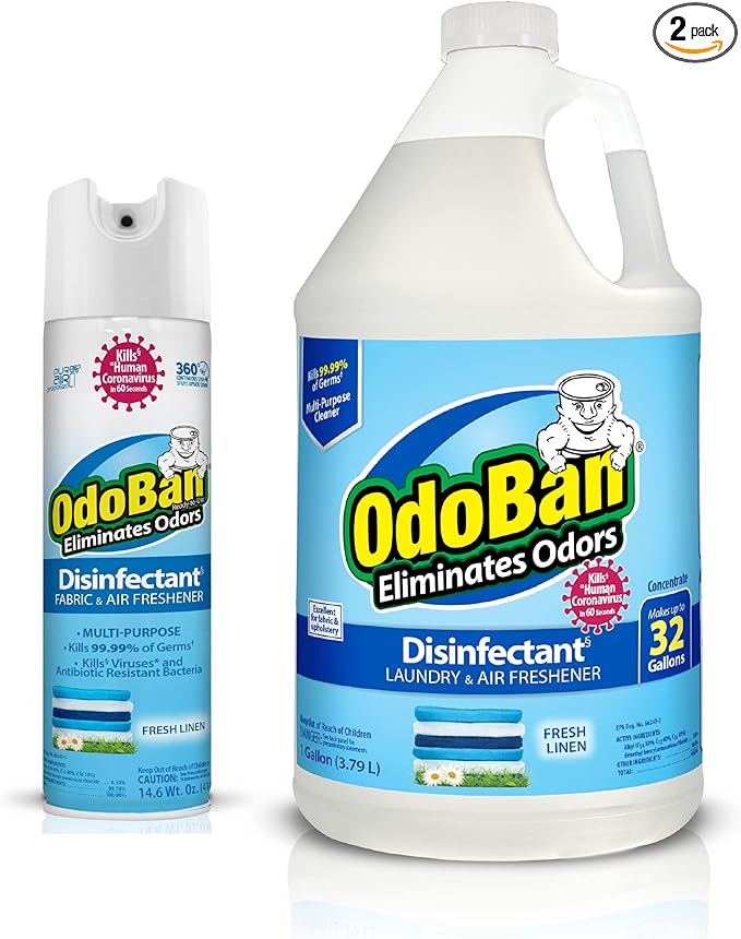 OdoBan Ready-to-Use Disinfectant and Harsh Aroma Eliminator, Set of 2, 14.6 Ounce 360-Degree Continuous Spray Fabric/Air Freshener and 1 Gallon Multi-Purpose Cleaning Concentrate, Fresh Linen Scent