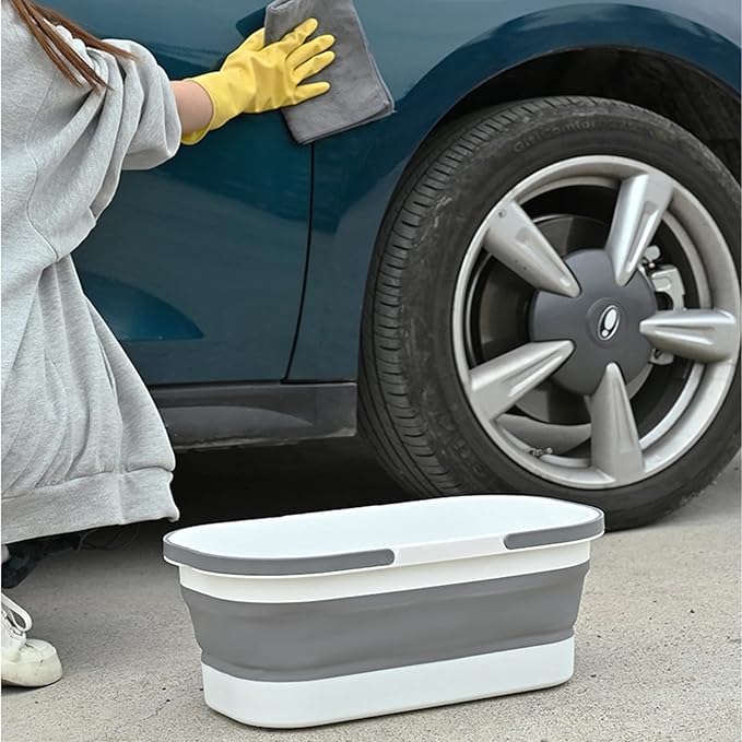 Collapsible Plastic Bucket with Wheels 12L (3.17 Gallon) for House Cleaning, Camping, and RV - Multi-Purpose Rectangular Handy Basket for Cleaning Mop - Lightweight and Portable (Blue)