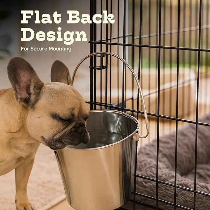 4 Quart Stainless Steel Flat Side Bucket | Durable Heavy Duty Food & Water Feeding Pails for Birds Dogs Cat Goat | Fits kennels Cages Critter Crates Hanging Pet Pail | Multipurpose Bucket