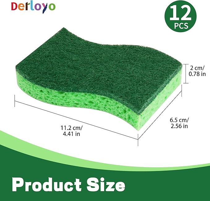 12 Count Heavy Duty Scrub Sponges,Long Lasting Cleaning Sponges for Cleaning Kitchen and Household, Dishes,Dual Sided Kitchen Sponges for Non-Coated Cookware-Green
