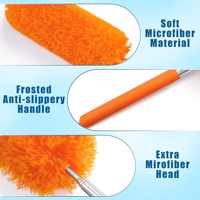Tanlade 12 Pcs Microfiber Feather Duster for Cleaning 13-31 Inch Extendable Cobweb Dusters Ceiling Fan Duster Washable Bendable Tool for Office Car Window Furniture (Orange)