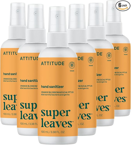 ATTITUDE Hand Sanitizer Spray, EWG Verified, Kills Germs & Bacteria, Vegan & Plant-Based, Safe for Adults & Kids, Orange Blossom & Eucalyptus Scent, 3.38 Fl Oz (Pack of 6) (Spray Bottle)