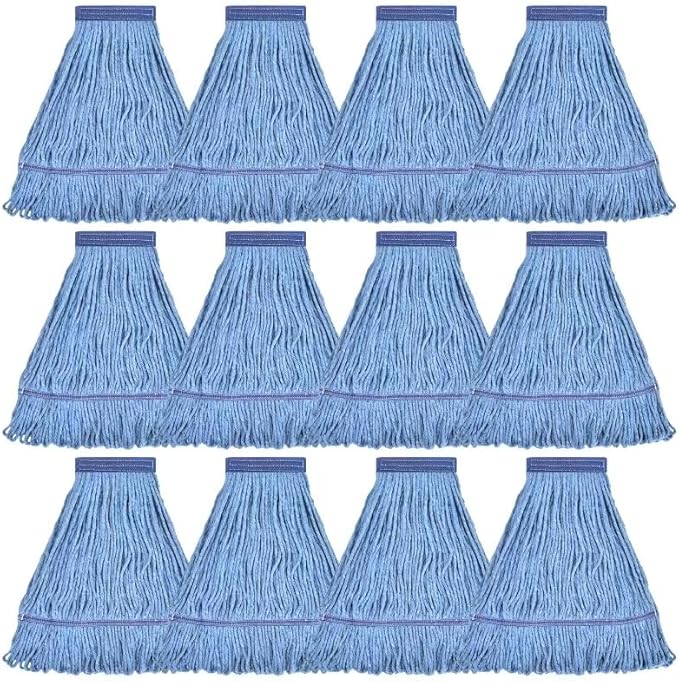 Matthew Cleaning Heavy Duty Mop Head Commercial Replacement for General and Floor Cleaning, Wet Industrial Blue Cotton Looped End String Head Refill (Pack of 12) Blue