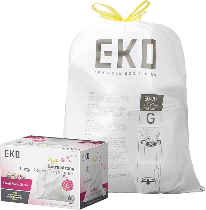 EKO 21 Gallon / 50-90 Liter, 60 Count Drawstring Trash Bags, Extra-Strong Garbage Bags, Fresh Floral Scent with Continuous Odor Control, Easy-Dispense Roll for Kitchen and Household Use, Code G, White